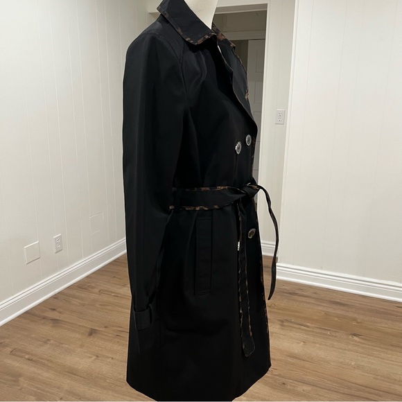 Tahari Black Raincoat Leopard Trim Belted Double Breasted Trench Size S - Picture 7 of 16